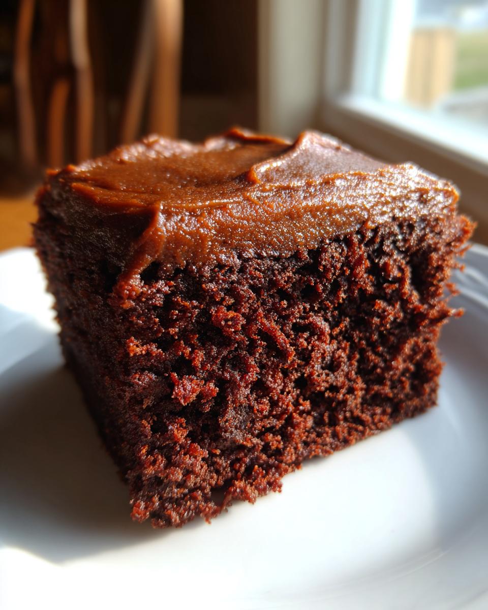 Close-up of a square slice of dark, moist gingerbread cake topped with thick, brown frosting.