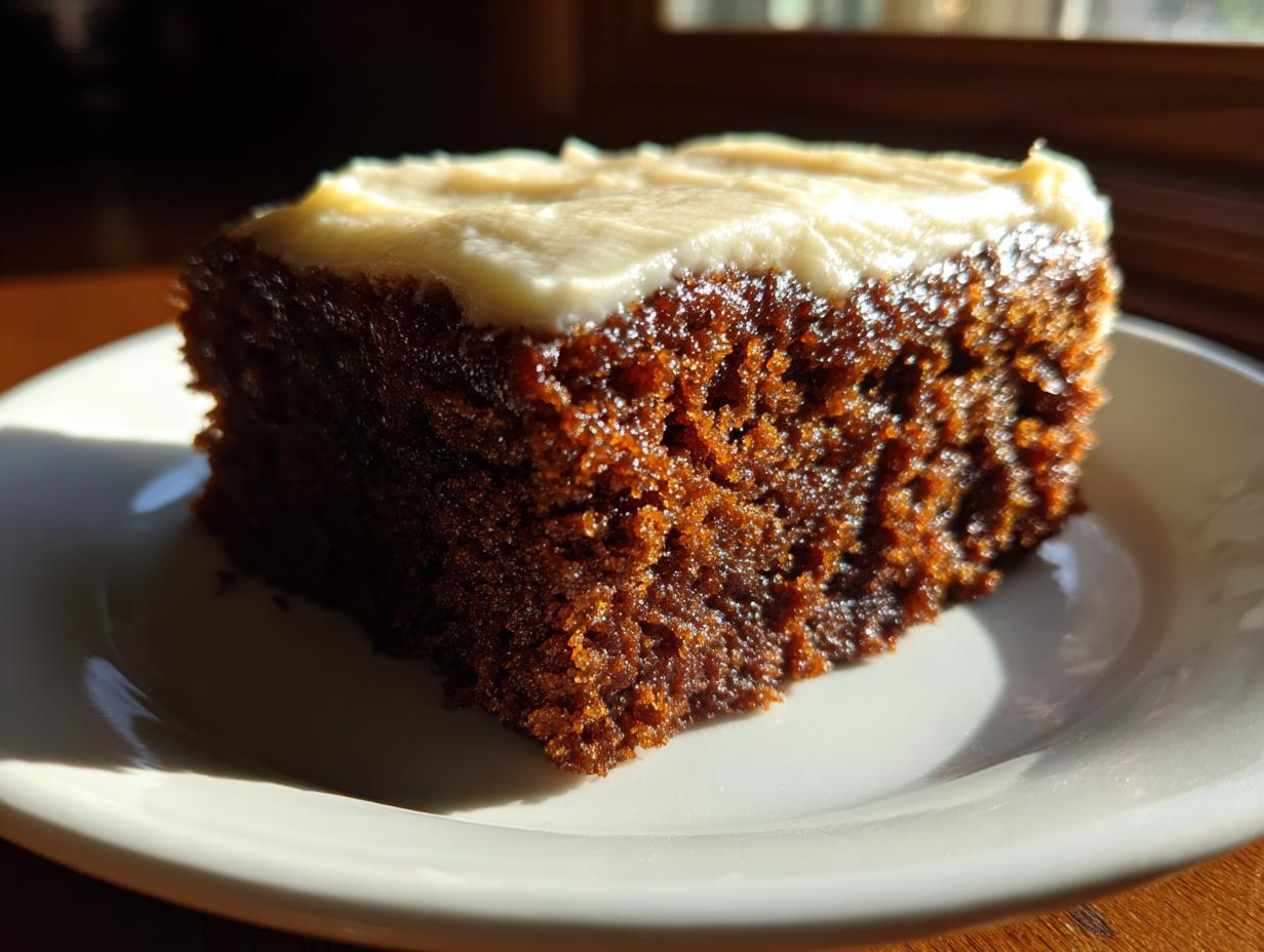 Close-up of a rich, dark slice of gingerbread cake topped with thick cream cheese frosting, sitting on a white plate.
