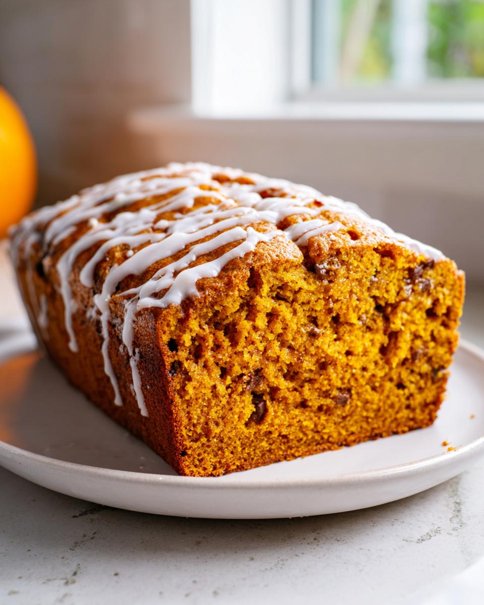A freshly baked, moist pumpkin bread loaf drizzled with white icing, sitting on a white plate.