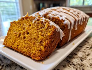 A loaf of moist pumpkin bread, partially sliced, topped with a thick white vanilla glaze drizzle.
