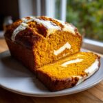 A moist loaf of pumpkin cream cheese bread, partially sliced, showing the orange crumb and cream cheese swirl.