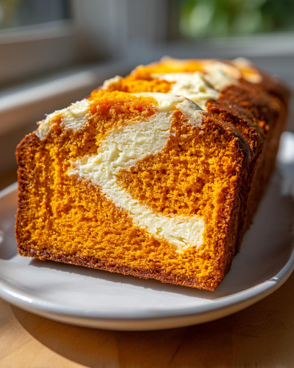 Close-up of sliced pumpkin cream cheese bread showing bright orange pumpkin swirl and white cream cheese filling.