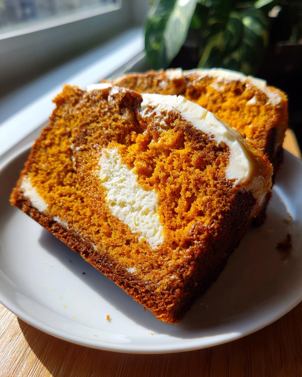 Two slices of moist pumpkin cream cheese bread showing the vibrant orange crumb and white cream cheese swirl.