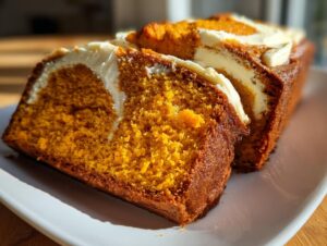 Close-up of two thick slices of moist pumpkin cream cheese bread showing the bright orange crumb and cream cheese swirl.