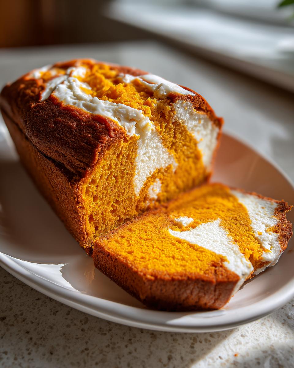 A moist, orange pumpkin cream cheese bread loaf, partially sliced, showing the bright orange pumpkin cake swirled with white cream cheese filling.