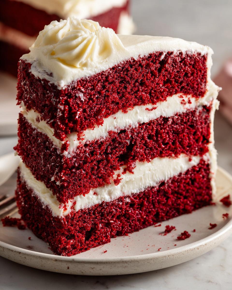 A tall, moist slice of red velvet cake showing three layers of deep red cake separated by thick white cream cheese frosting.
