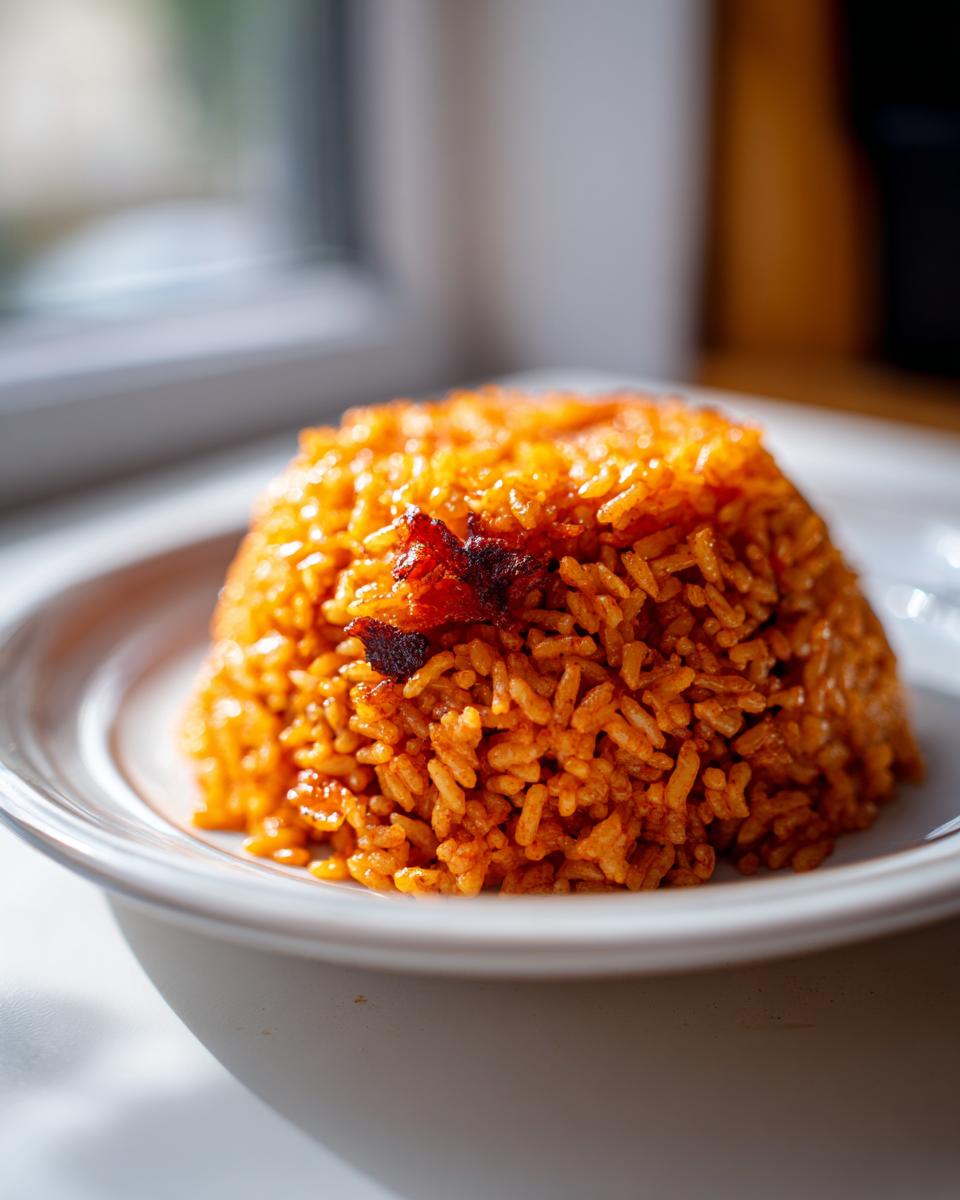 A molded serving of vibrant orange Jollof rice on a white plate, showing slightly caramelized grains.