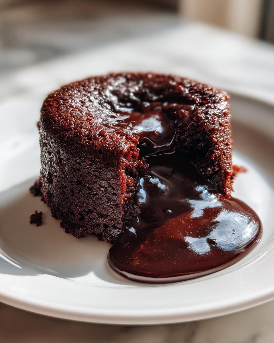 A warm, dark chocolate pudding cake cut open to reveal a rich, molten chocolate center flowing onto a white plate.