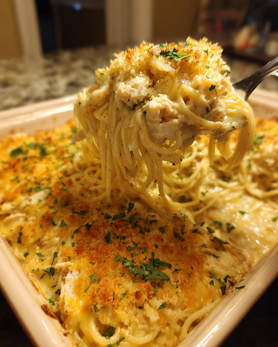 A fork lifting creamy monterey chicken spaghetti from a baked casserole dish topped with golden breadcrumbs.