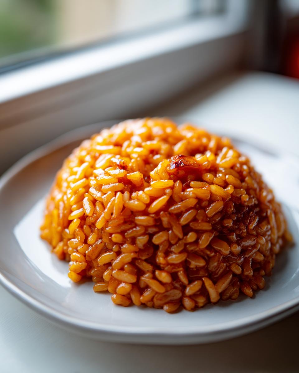 A mound of vibrant, orange-red Jollof rice served on a white plate near a window.