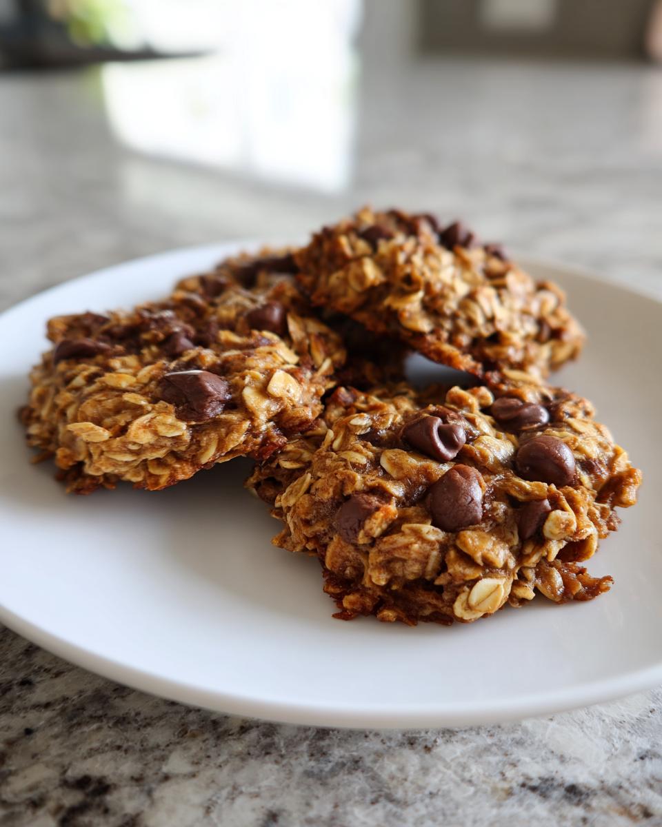 Close-up of four hearty oatmeal chocolate chip breakfast cookie treats stacked slightly on a white plate.