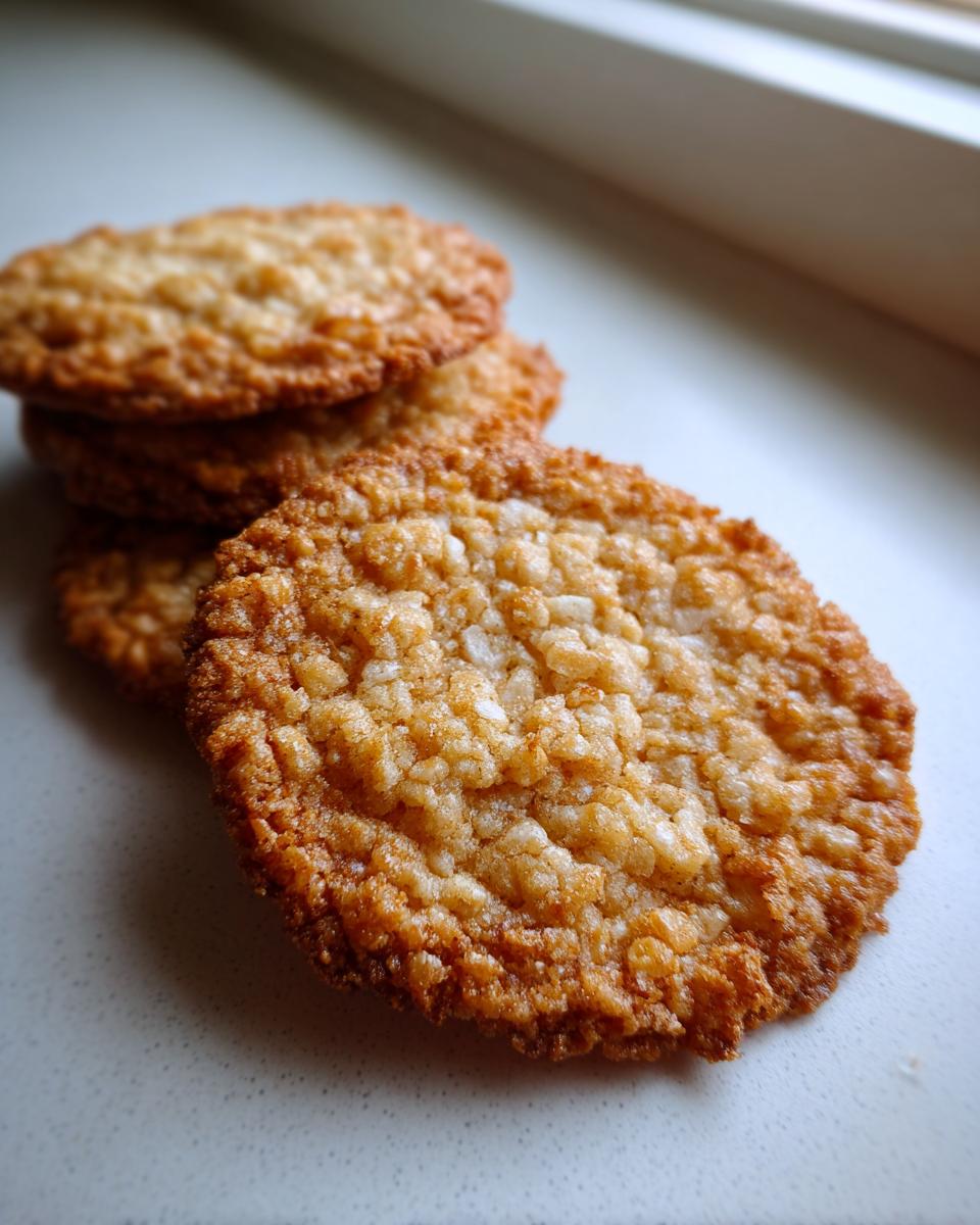 Close-up of several golden brown, crispy oatmeal lace cookies stacked on a light surface near a window.