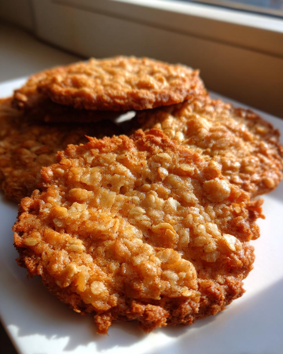 Close-up of several golden brown, crispy oatmeal lace cookies stacked on a white plate near a window.