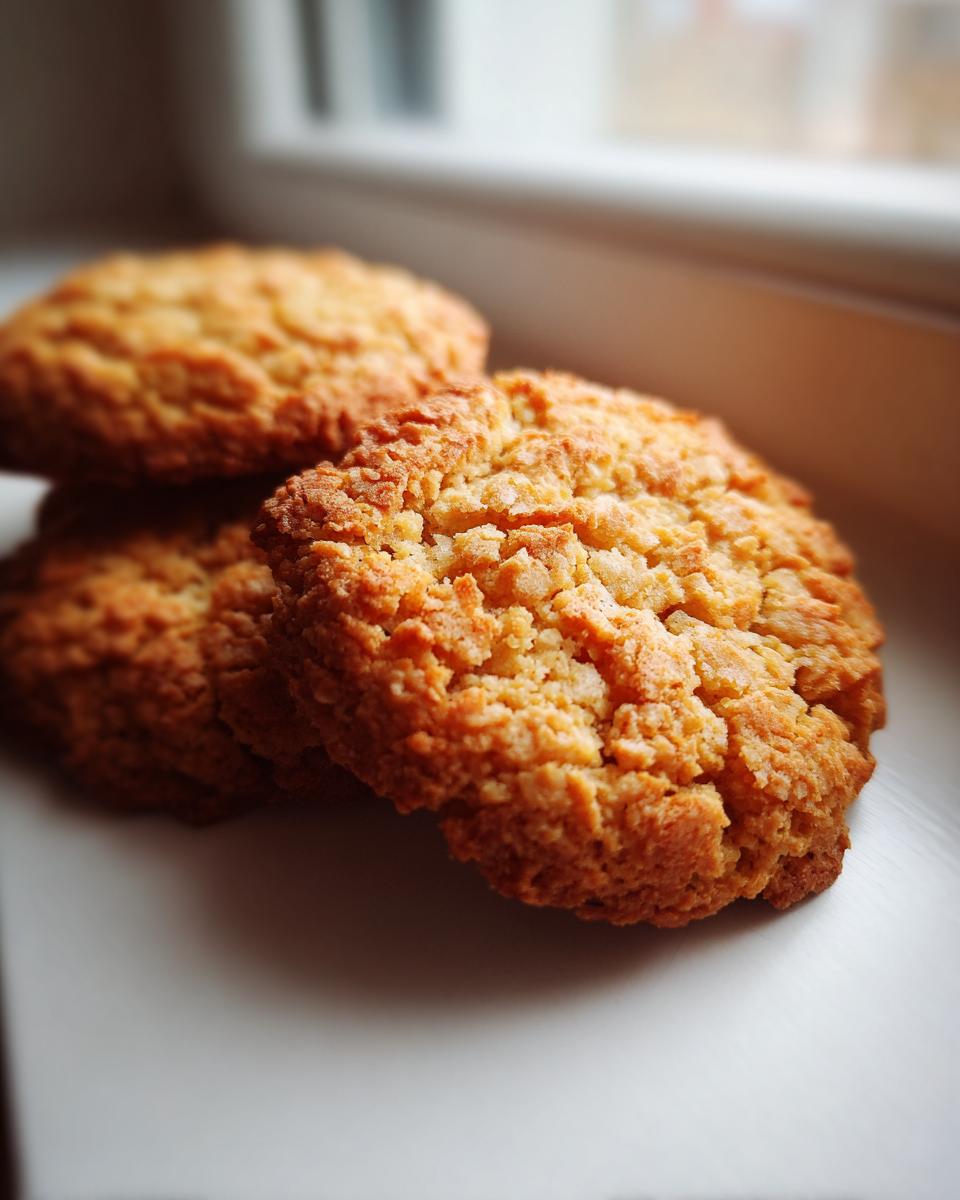 Close-up of three golden brown oatmeal lace cookies stacked near a bright window ledge.