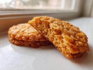 Close-up of two golden brown oatmeal lace cookies, one broken to show the chewy, textured interior.