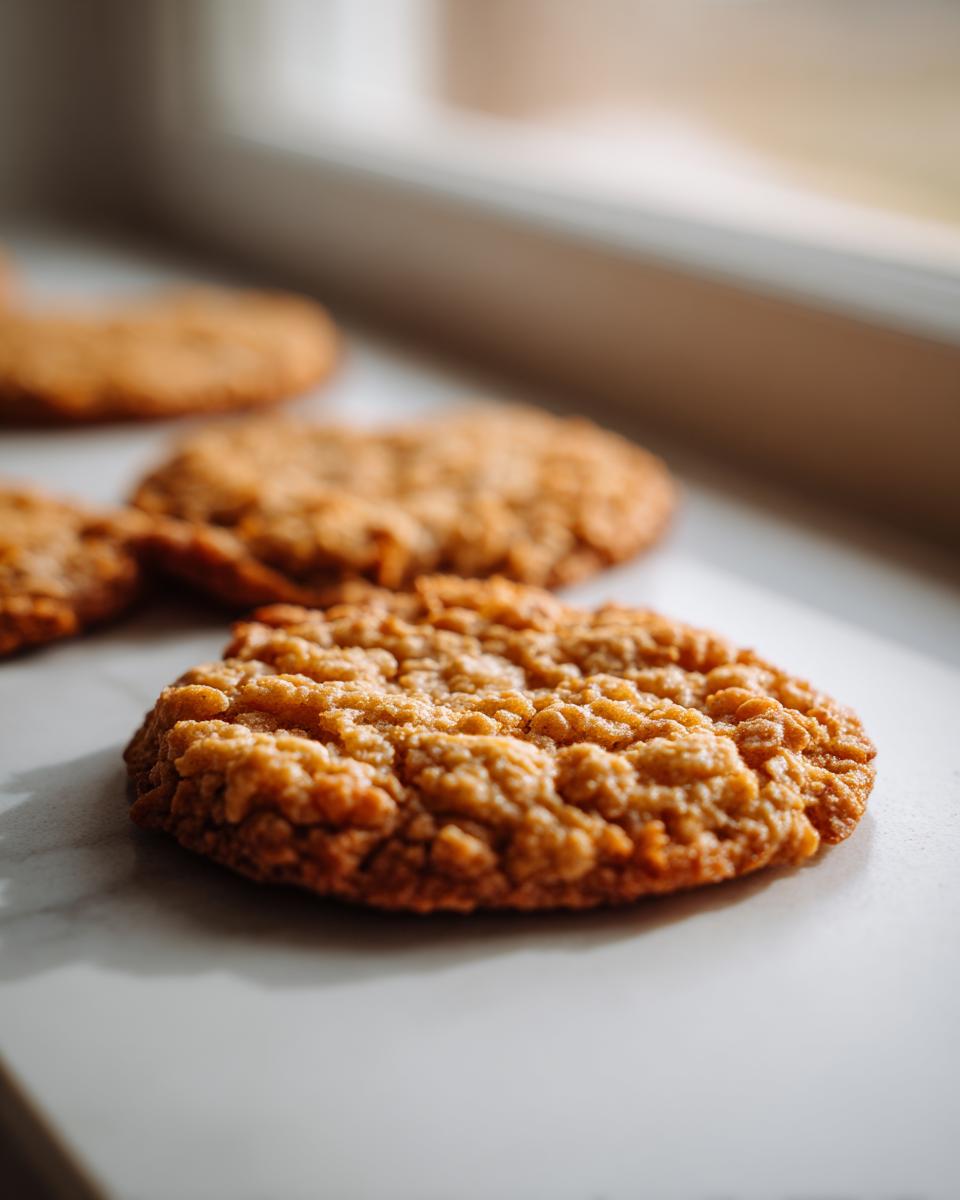 A close-up, low-angle shot of several freshly baked oatmeal lace cookies resting on a white surface near a window.