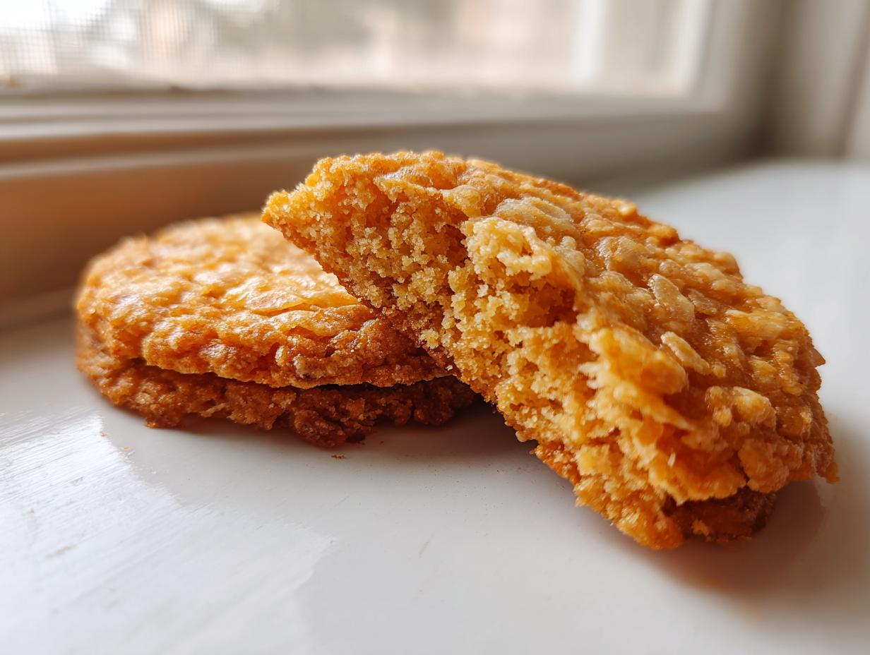 Close-up of two golden brown oatmeal lace cookies, one broken to show the chewy, textured interior.