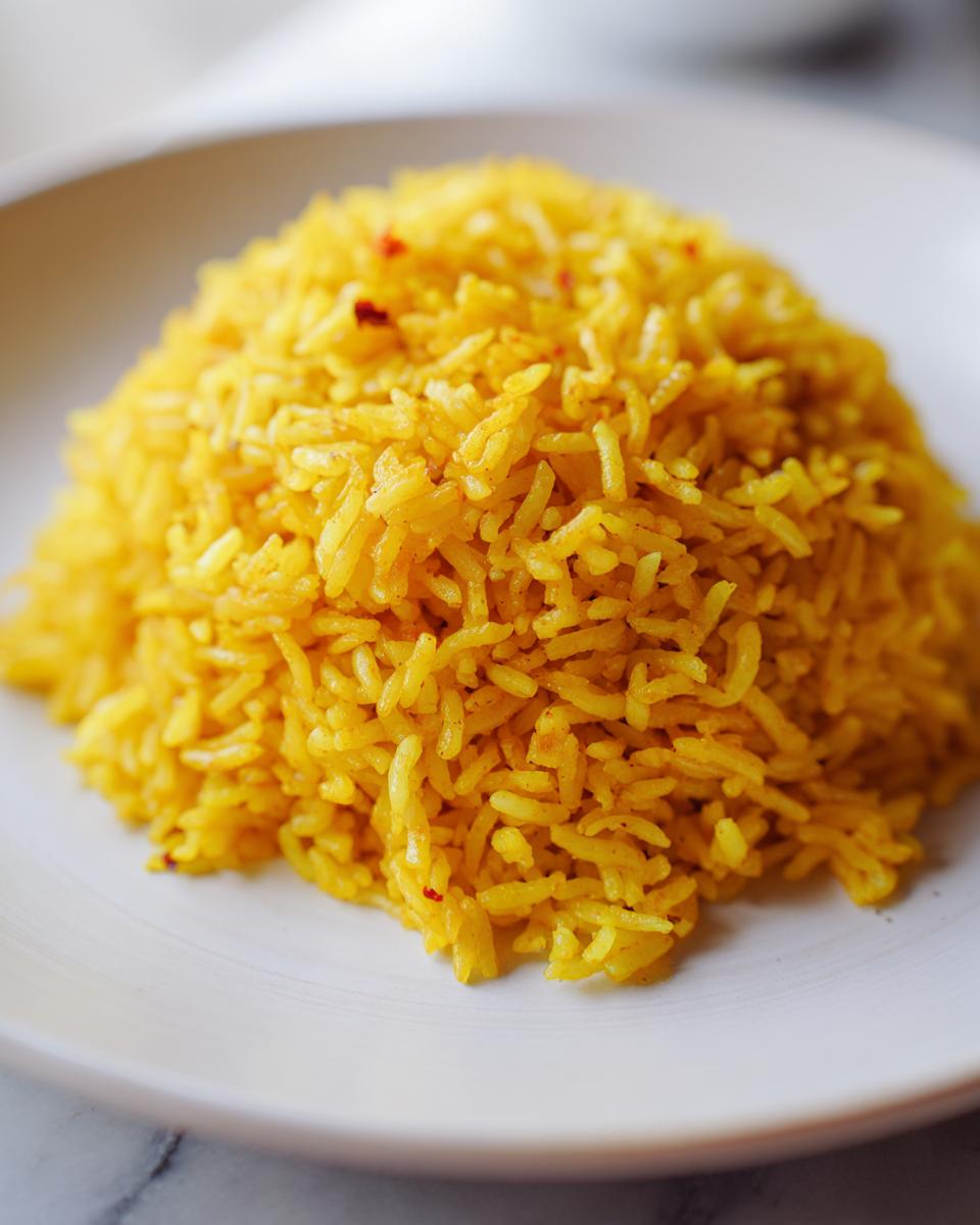 Close-up of a mound of bright yellow turmeric rice served on a white plate.