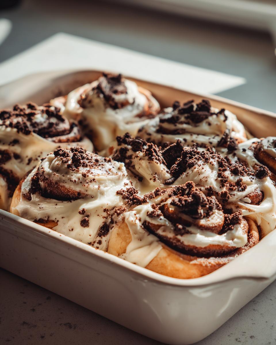 Close-up of freshly baked Oreo cinnamon rolls topped with thick white frosting and crushed Oreo pieces.