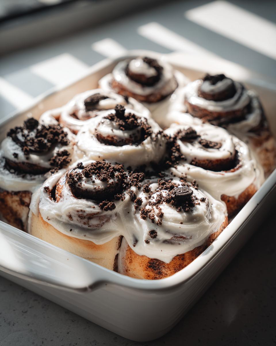 Close-up of freshly baked Oreo cinnamon rolls covered in white frosting and crushed Oreo topping.