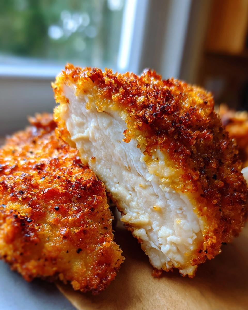 Close-up of parmesan crusted chicken cut in half, showing moist white meat and golden, crispy crust.