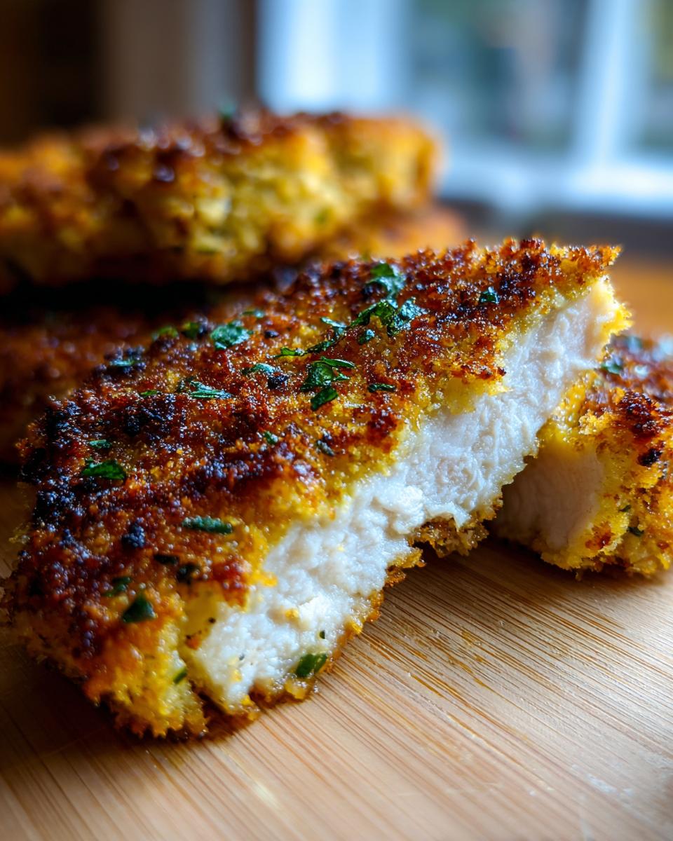 Close-up of juicy parmesan crusted chicken cut in half, showing the white interior and golden crust.