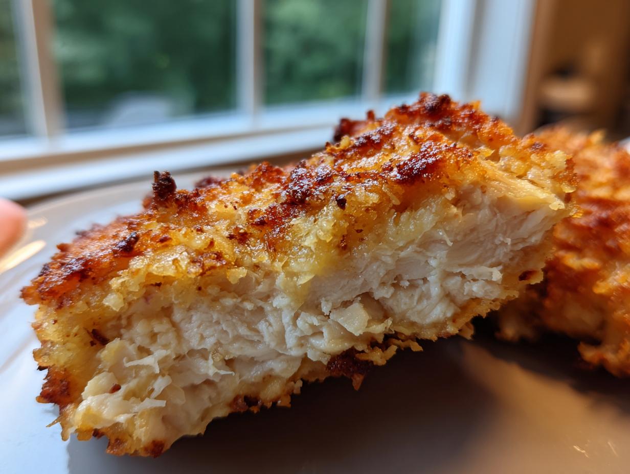 Close-up of a perfectly cooked parmesan crusted chicken piece showing the juicy white interior and golden brown crust.