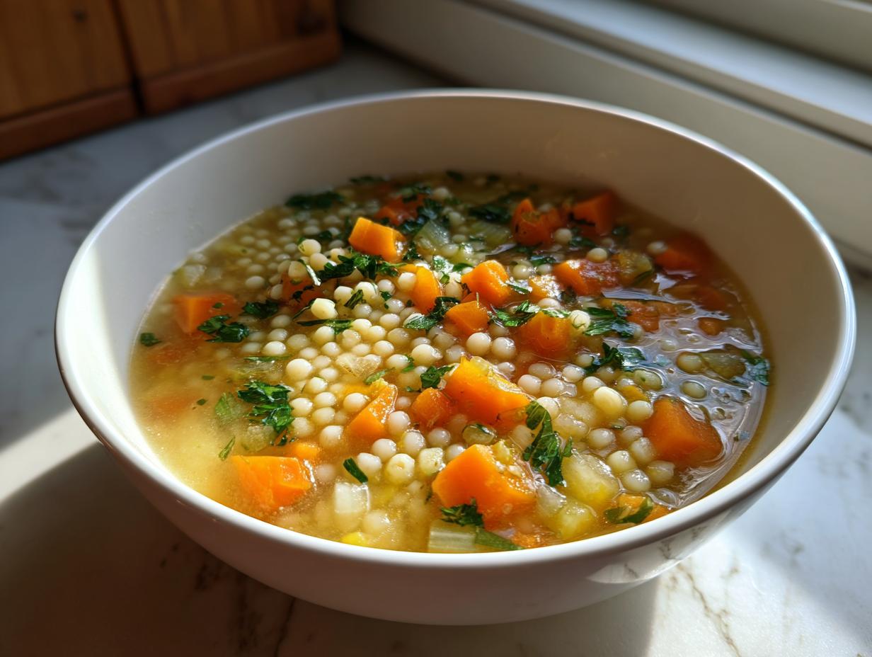 A close-up of a white bowl filled with warm penicillin soup featuring Israeli couscous, diced carrots, and fresh parsley.