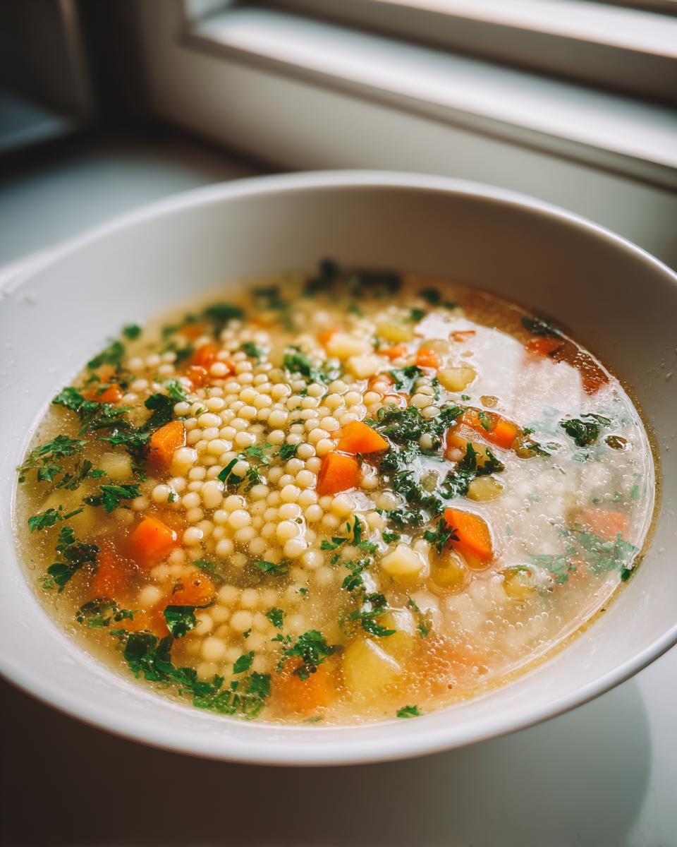 Close-up of a comforting bowl of penicillin soup featuring tiny pasta pearls, diced carrots, and fresh parsley in broth.
