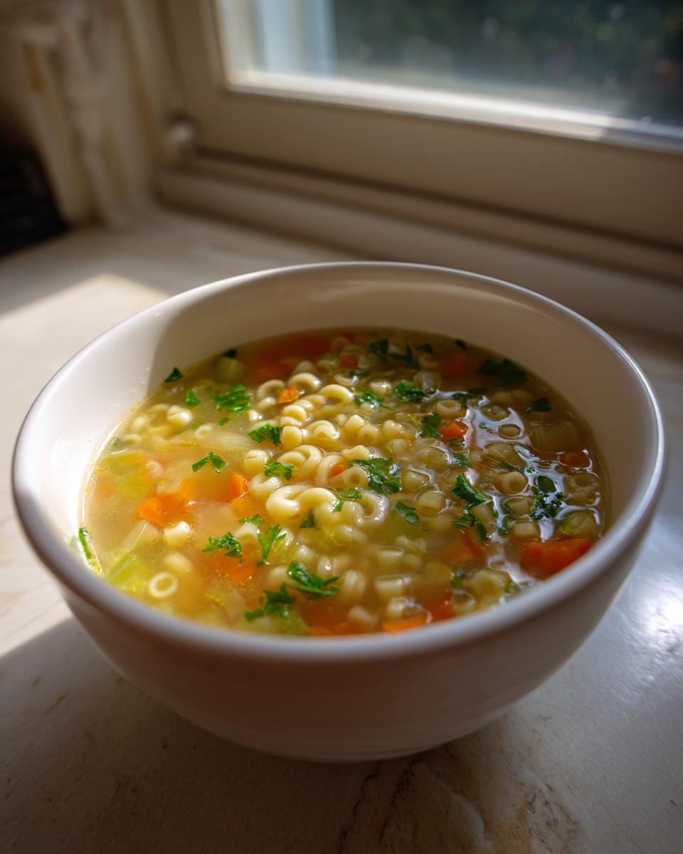 A white bowl filled with hot penicillin soup featuring small pasta shapes, carrots, celery, and fresh parsley garnish.