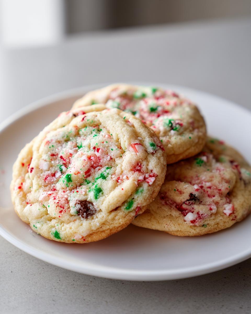 Three soft peppermint chocolate chip cookies topped with crushed red and green candy canes on a white plate.