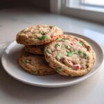 A stack of four soft, chewy peppermint chocolate chip cookies loaded with red and green candy pieces.