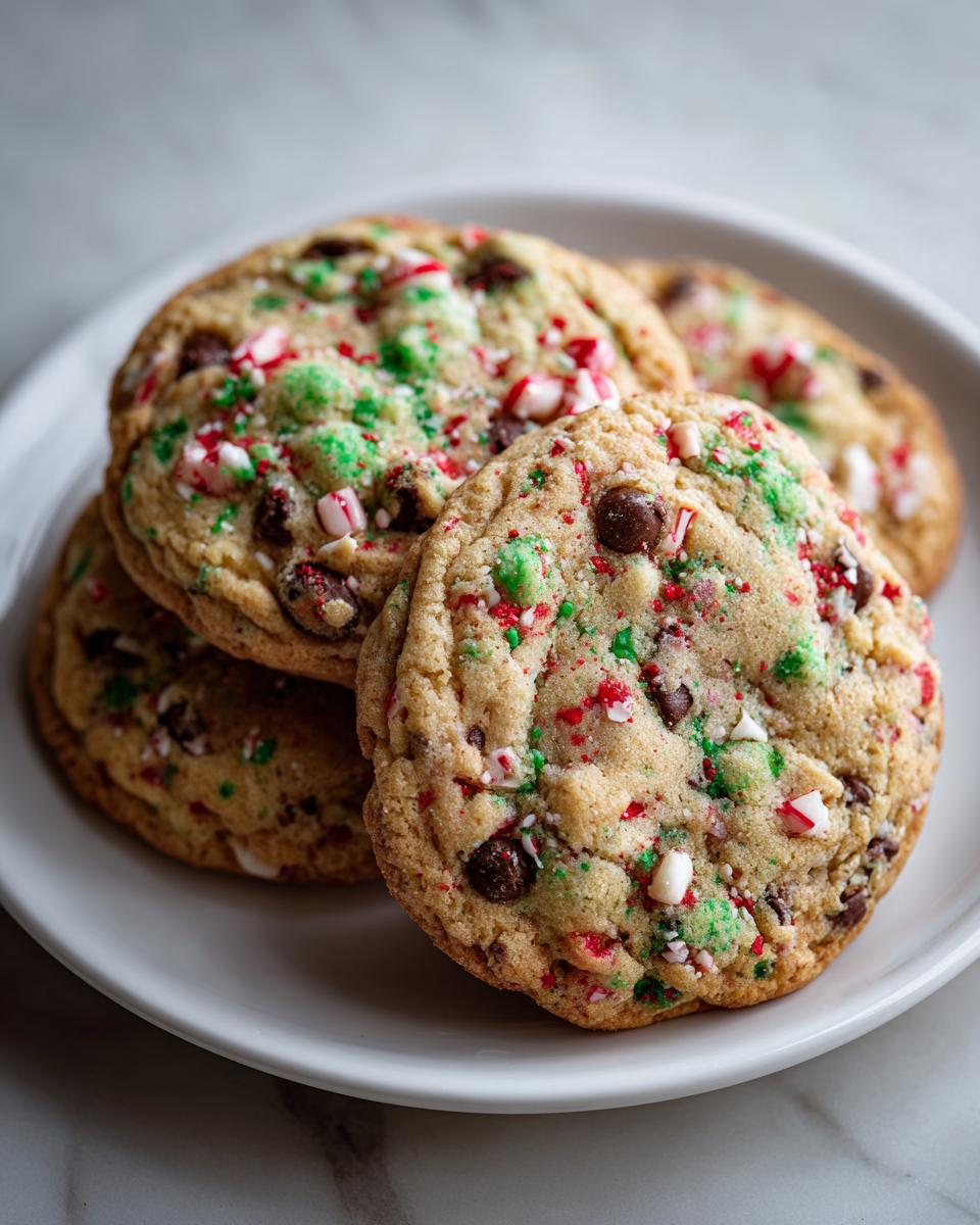 A stack of freshly baked peppermint chocolate chip cookies topped with crushed candy canes and green sprinkles.