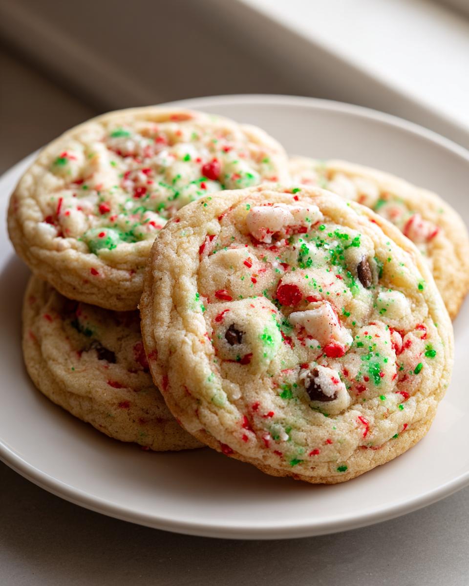 Close-up of soft peppermint chocolate chip cookies topped with crushed red and green candy pieces.