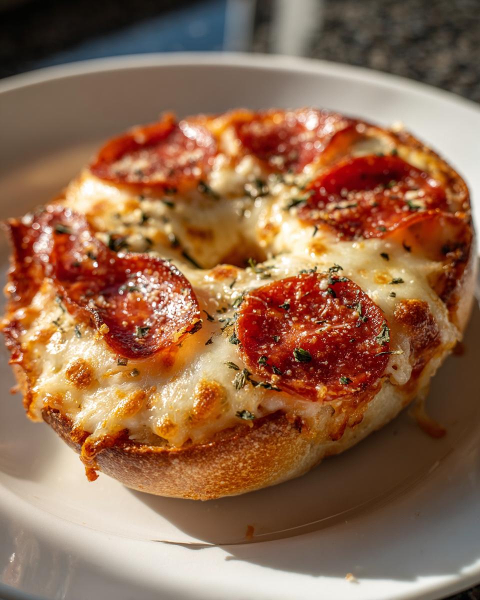 A close-up of a single, perfectly baked pepperoni pizza bagel topped with bubbly, melted mozzarella cheese and herbs.