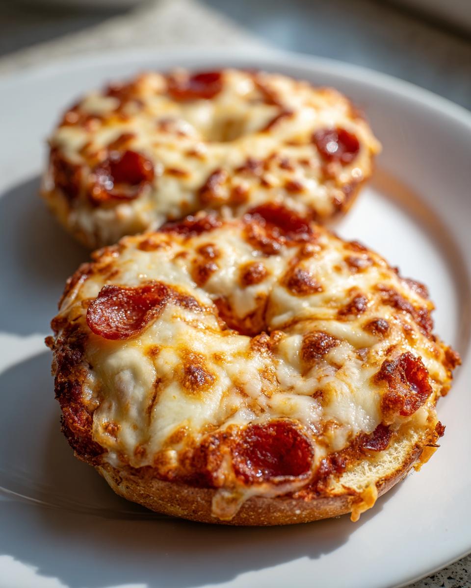 Two freshly baked pepperoni pizza bagels covered in bubbly, melted, golden-brown cheese served on a white plate.