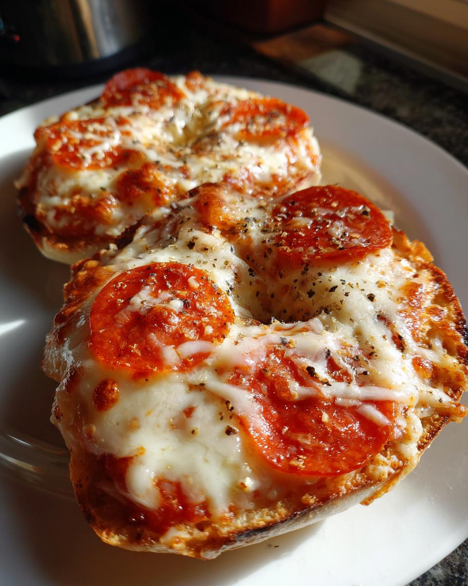 Two freshly baked pepperoni pizza bagels covered in melted mozzarella cheese and sprinkled with pepper on a white plate.