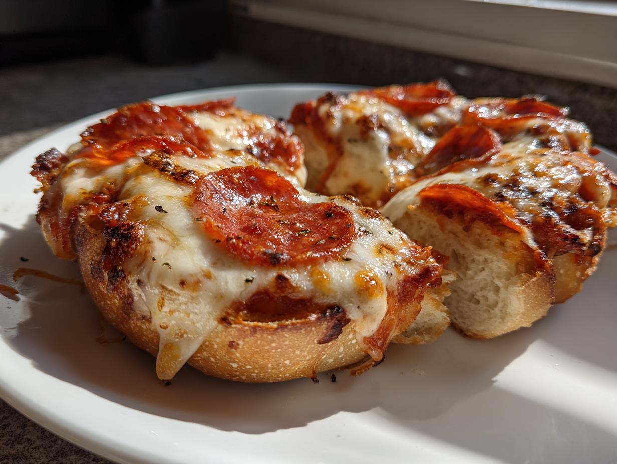 Close-up of three delicious pepperoni pizza bagels halves topped with melted, bubbly cheese on a white plate.
