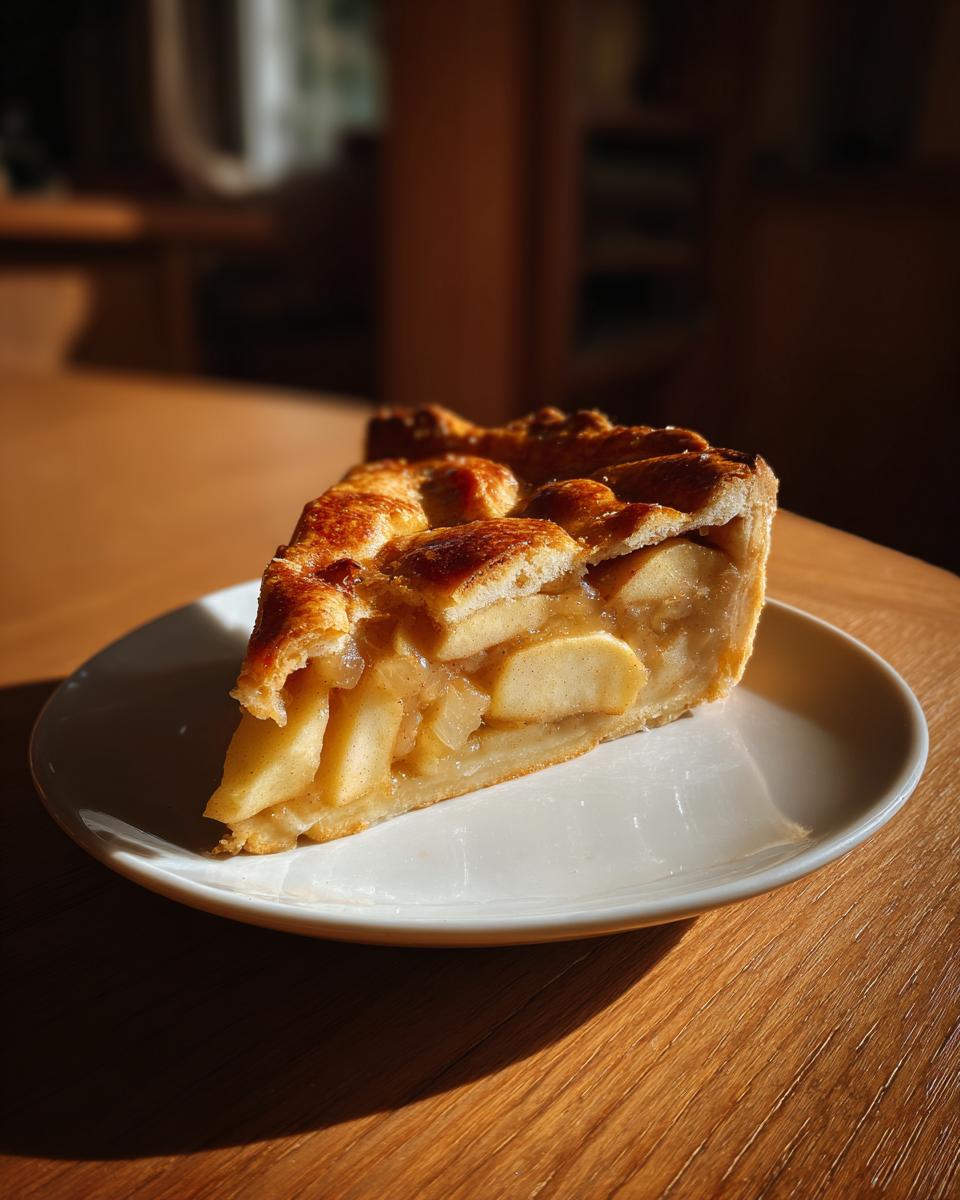 A golden-brown slice of amazing apple pie recipe with thick apple filling on a white plate.