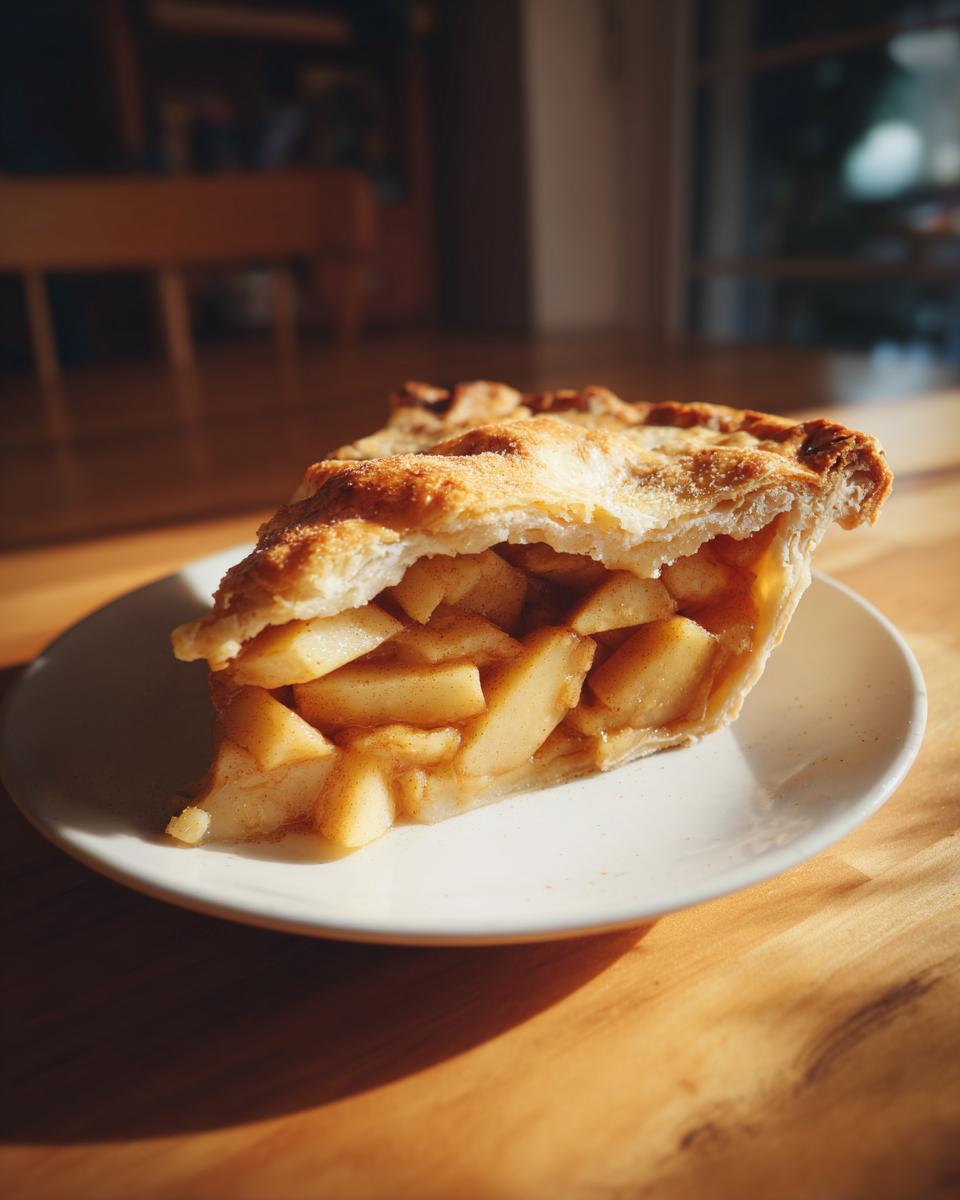 A close-up of a thick slice of apple pie recipe with flaky crust and visible apple filling on a white plate.