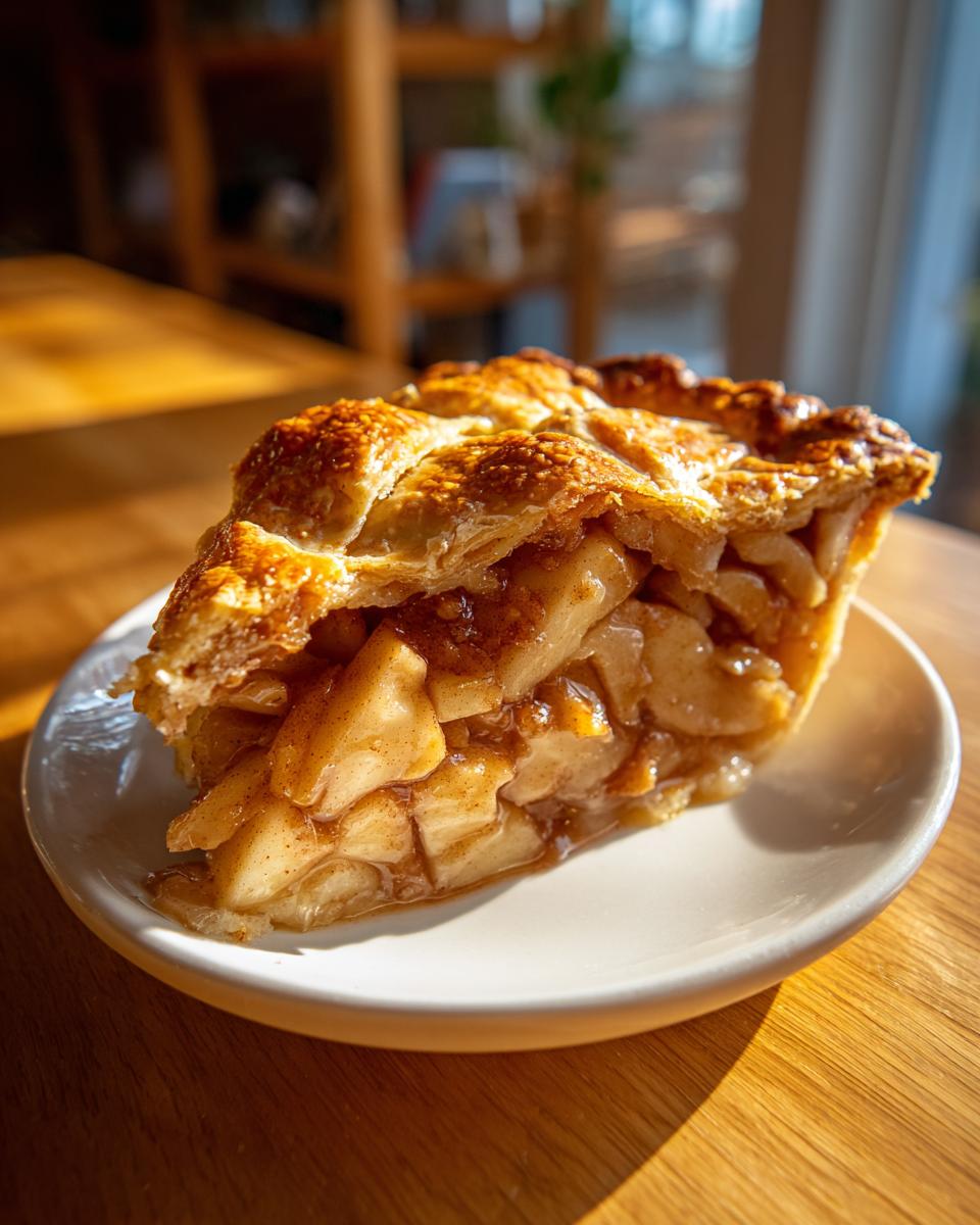 A close-up of a thick slice of amazing apple pie recipe on a white plate, showing flaky crust and cinnamon-coated apple filling.