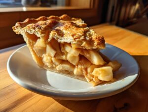 Close-up of a thick slice of homemade apple pie recipe showing chunky cinnamon-spiced apple filling and flaky crust.