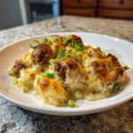 A close-up serving of baked pierogi casserole topped with melted, browned cheese and fresh green onions.