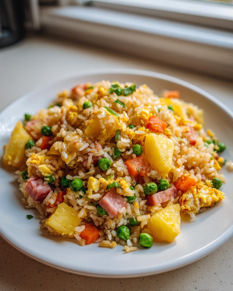 A close-up serving of vibrant pineapple fried rice featuring chunks of pineapple, ham, peas, and scrambled egg on a white plate.