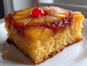 A close-up shot of a moist slice of pineapple upside down cake topped with caramelized pineapple and a maraschino cherry.