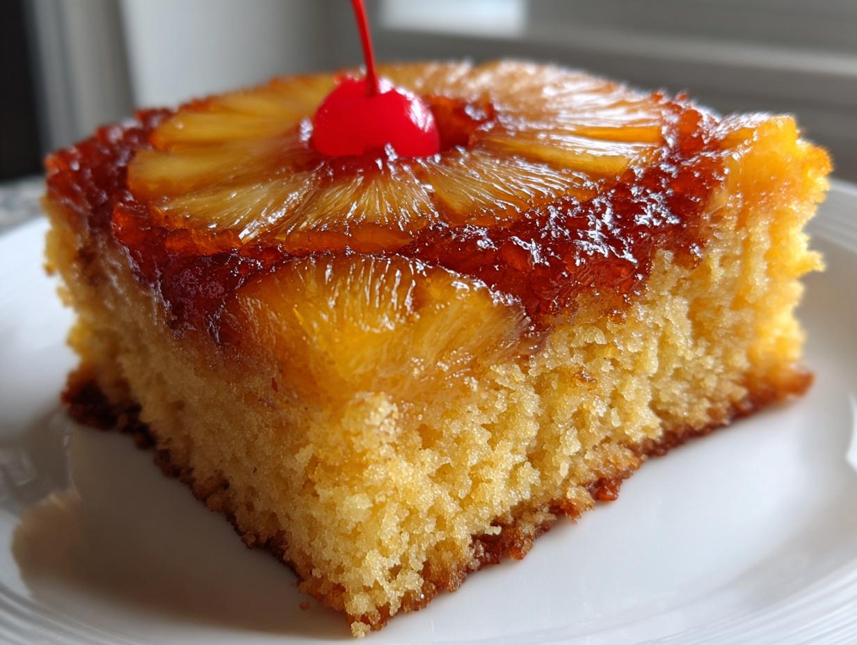 A close-up shot of a moist slice of pineapple upside down cake topped with caramelized pineapple and a maraschino cherry.