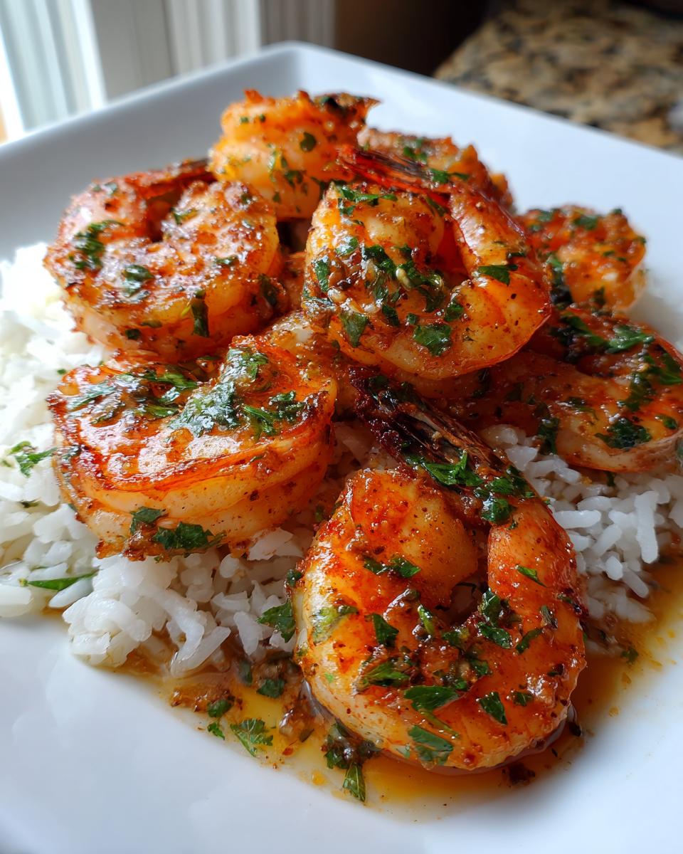 Close-up of plump, seasoned cajun shrimp coated in a spicy sauce and fresh parsley, served atop a bed of white rice.