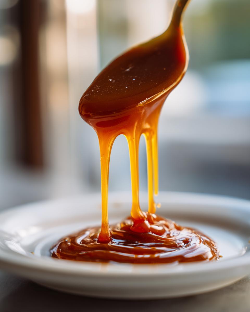 Close-up of thick, golden caramel sauce dripping from a spoon onto a white plate, showcasing the perfect consistency of the caramel.