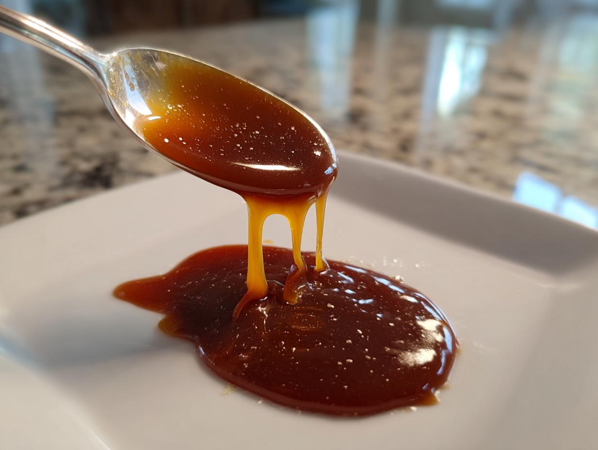 A spoonful of thick, glossy homemade caramel sauce is drizzled onto a white plate.