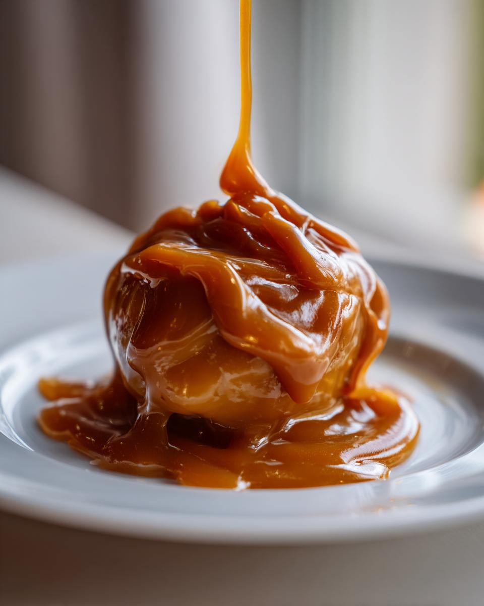 Thick, rich caramel sauce being poured over a dessert item on a white plate.